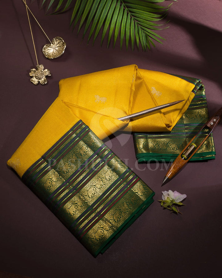 Sunflower Yellow And Bottle Green Kanjivaram Silk Saree-S1233(E)