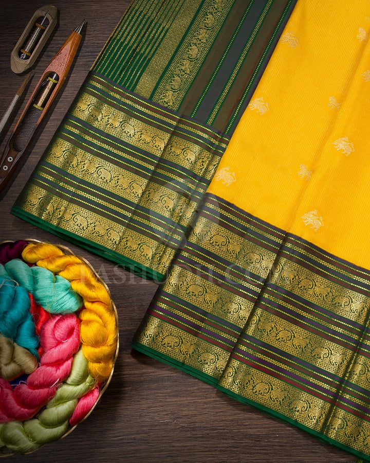 Sunflower Yellow And Bottle Green Kanjivaram Silk Saree-S1233(E)