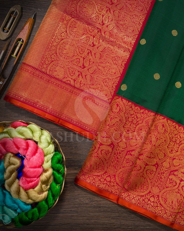 Bottle Green With Red Traditional Kanjivaram Silk Saree-S1769(A)