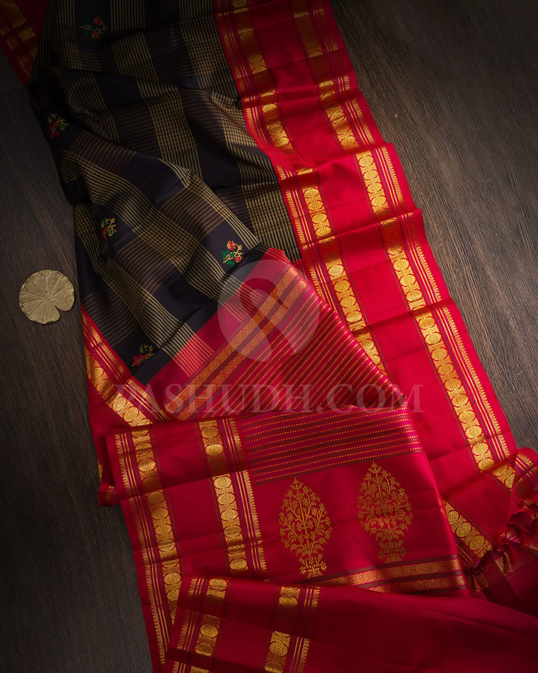 Black With Bright Red Traditional Kanjivaram Silk Saree-S1532(C)