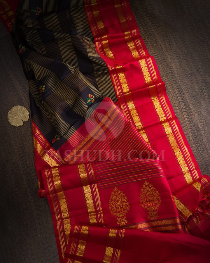 Black With Bright Red Traditional Kanjivaram Silk Saree-S1532(C)