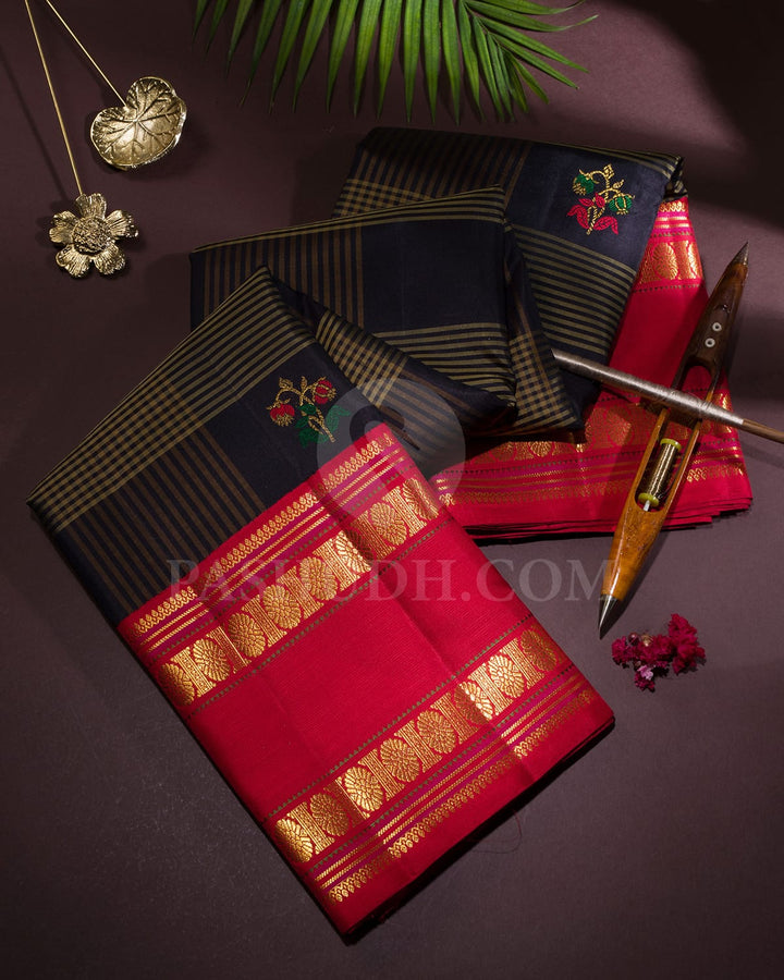 Black With Bright Red Traditional Kanjivaram Silk Saree-S1532(C)