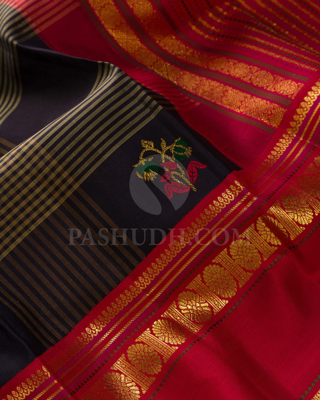 Black With Bright Red Traditional Kanjivaram Silk Saree-S1532(C)