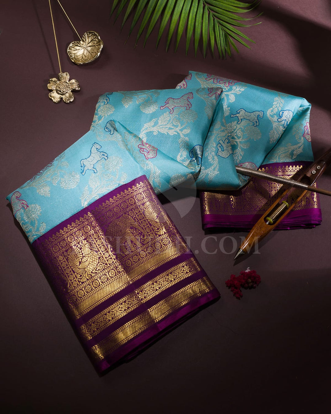 Light Seafoam Blue With Purple Bridal Kanjivaram Silk Saree-S1676(D)