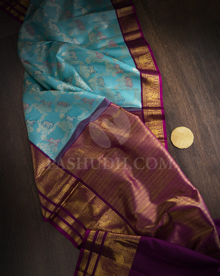 Light Seafoam Blue With Purple Bridal Kanjivaram Silk Saree-S1676(D)