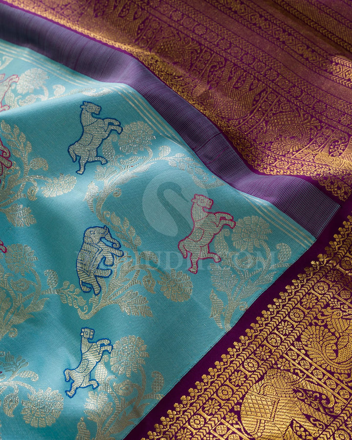 Light Seafoam Blue With Purple Bridal Kanjivaram Silk Saree-S1676(D)