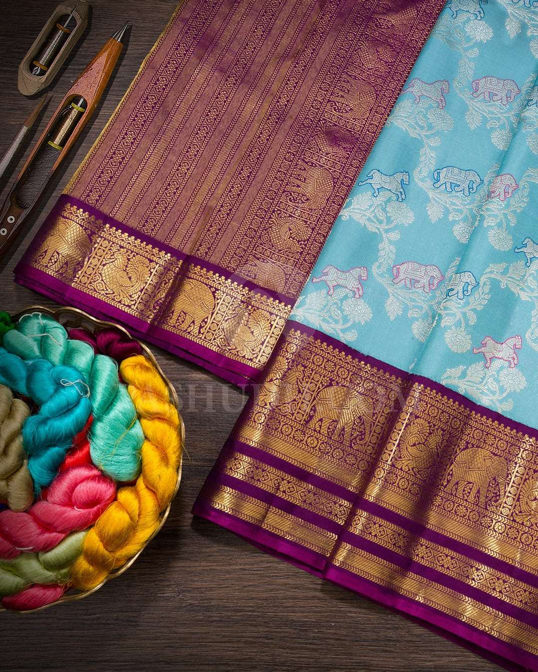 Light Seafoam Blue With Purple Bridal Kanjivaram Silk Saree-S1676(D)