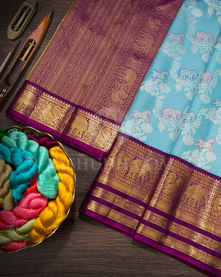 Light Seafoam Blue With Purple Bridal Kanjivaram Silk Saree-S1676(D)