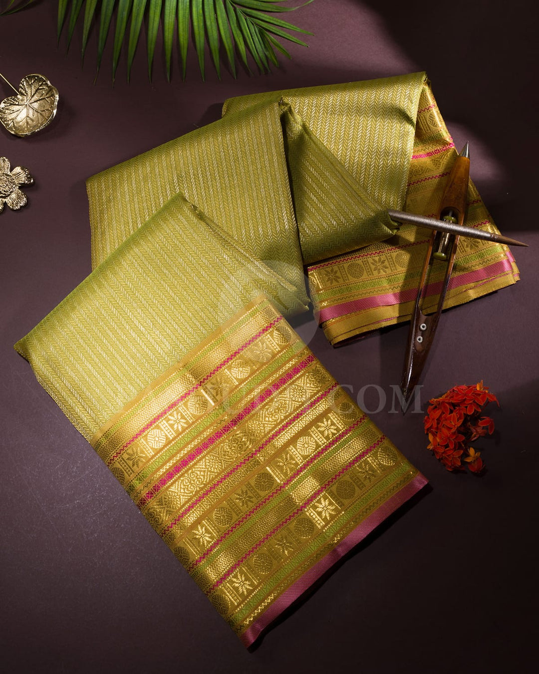Olive Green With Aniseed Green Kanjivaram Silk Saree-S1062(Q)