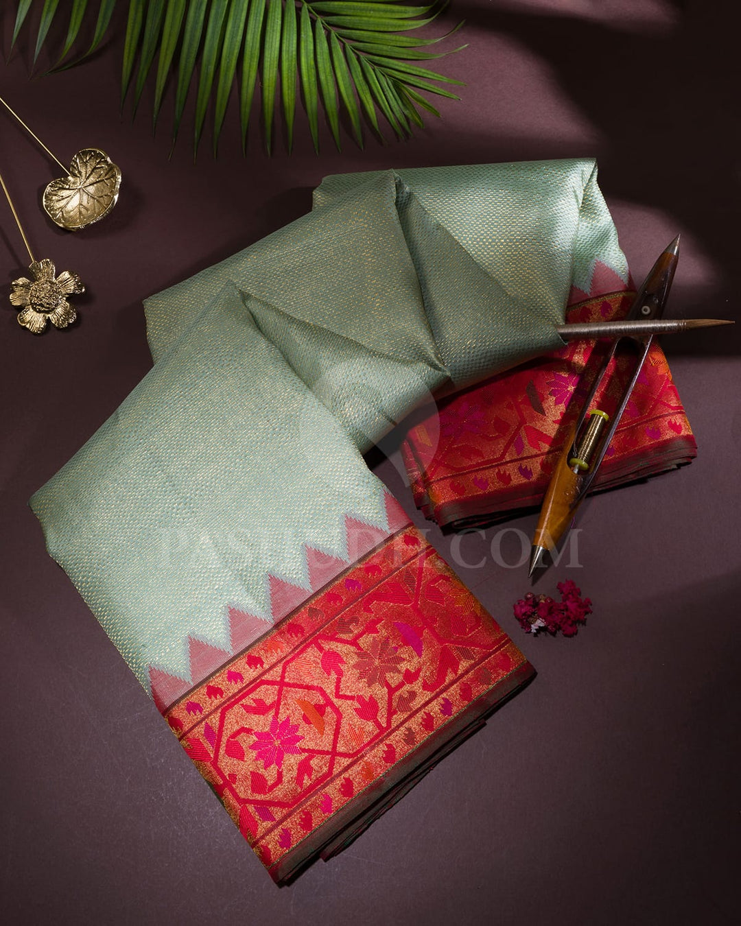 Sage Green With Bright Red Kanjivaram Silk Saree-S1691(C)