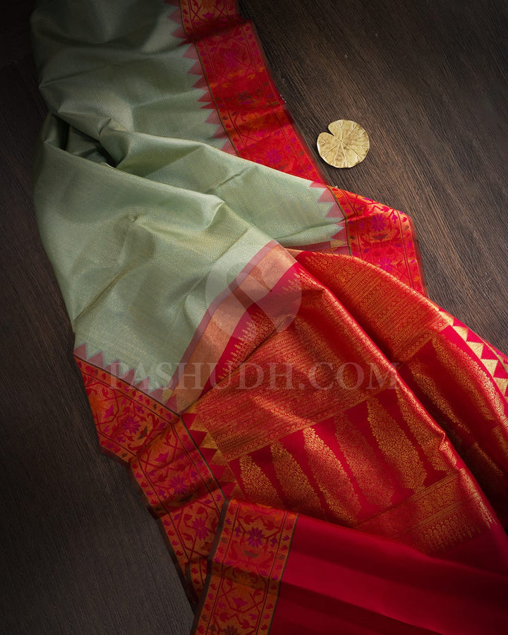 Sage Green With Bright Red Kanjivaram Silk Saree-S1691(C)