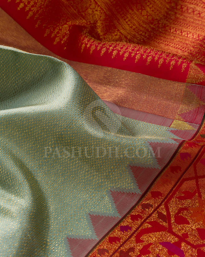Sage Green With Bright Red Kanjivaram Silk Saree-S1691(C)