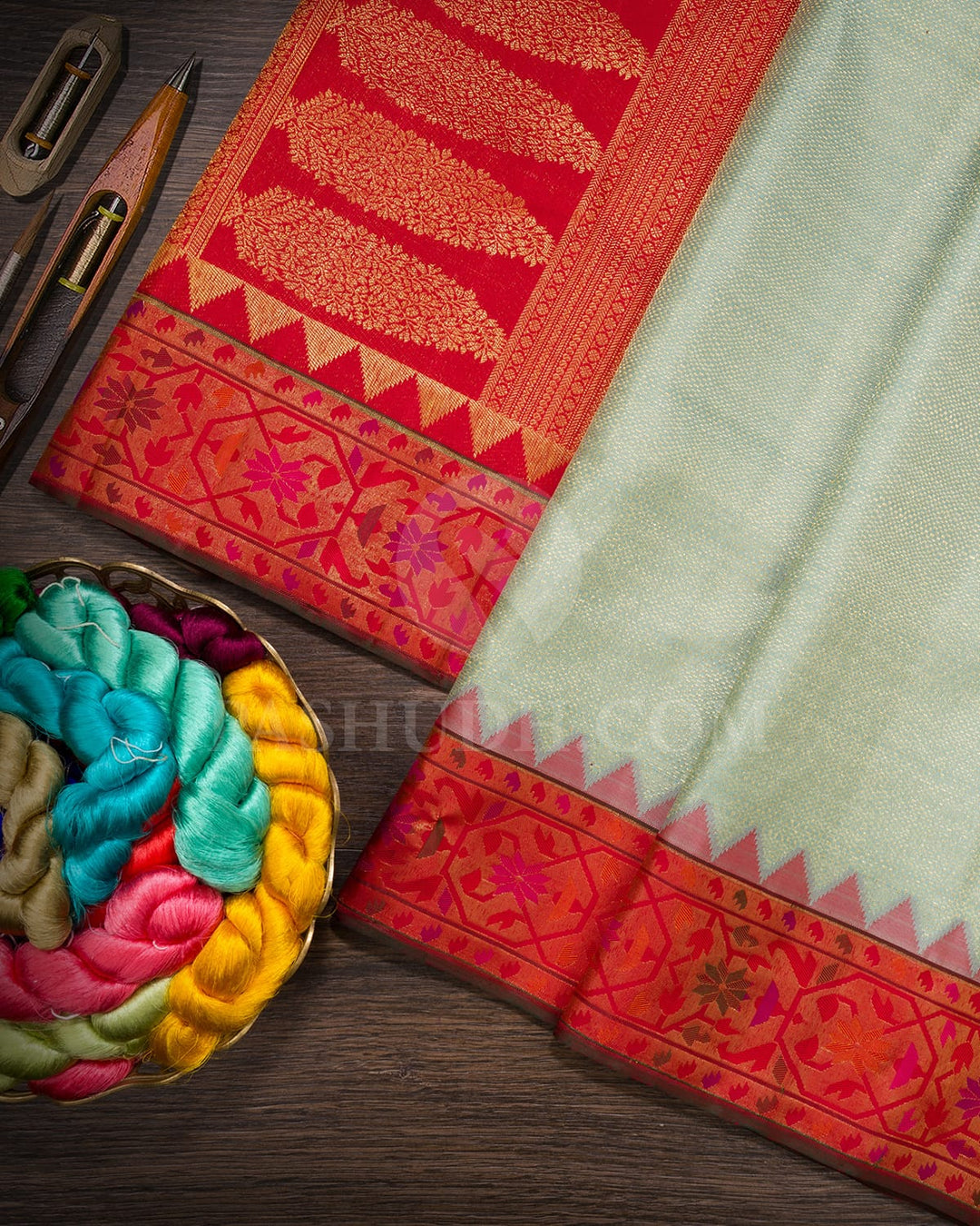 Sage Green With Bright Red Kanjivaram Silk Saree-S1691(C)