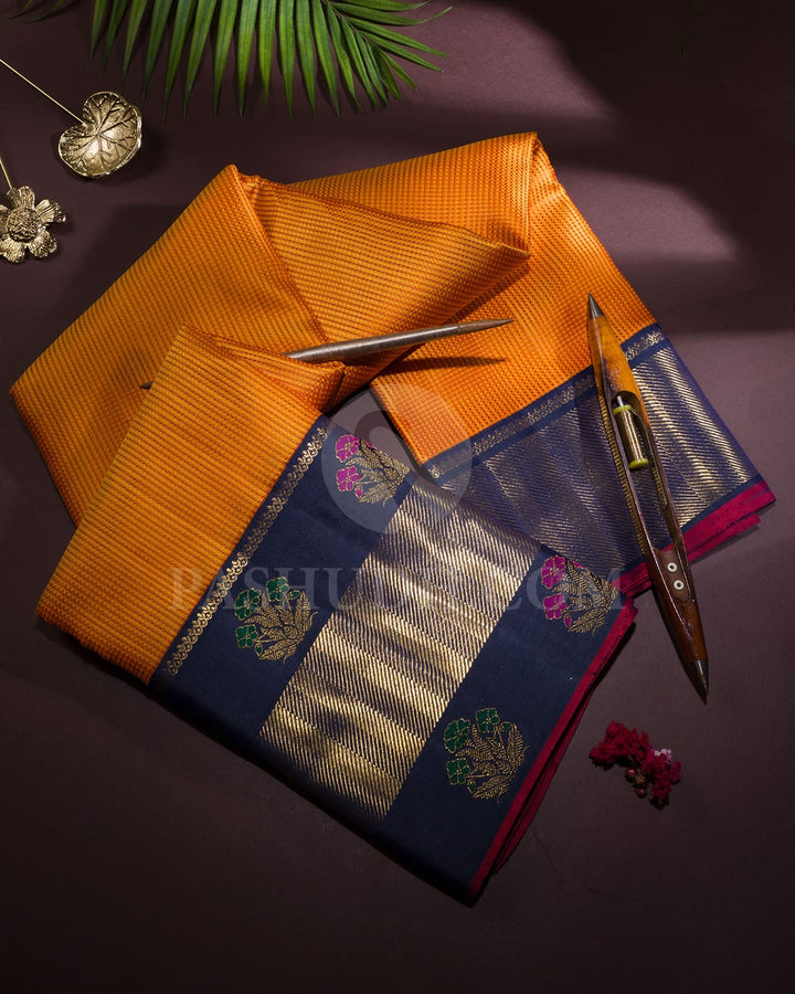Yellow And Peach With Navy Blue Kanjivaram Silk Saree-S1728(B)