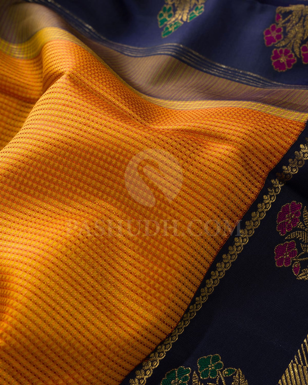Yellow And Peach With Navy Blue Kanjivaram Silk Saree-S1728(B)