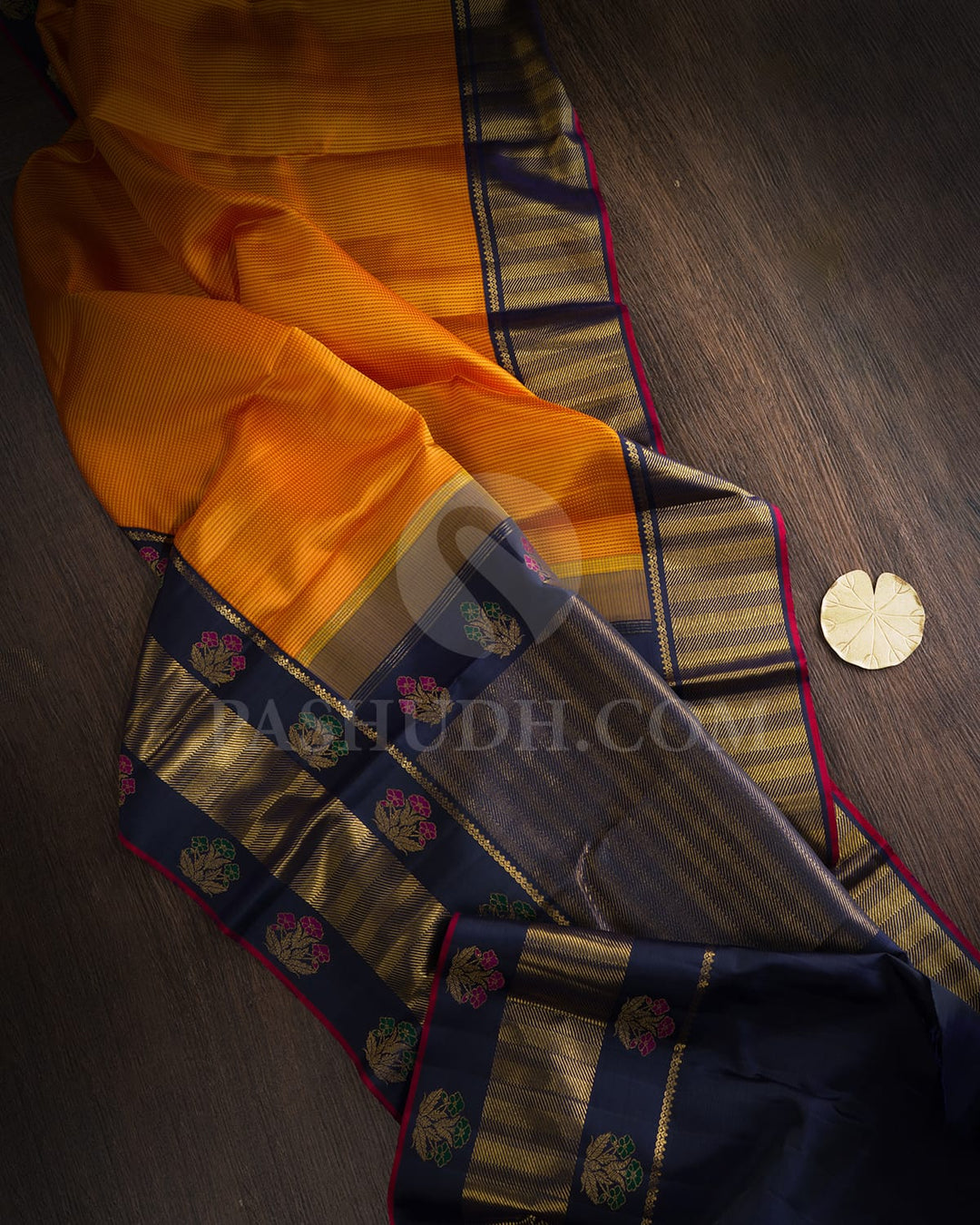 Yellow And Peach With Navy Blue Kanjivaram Silk Saree-S1728(B)
