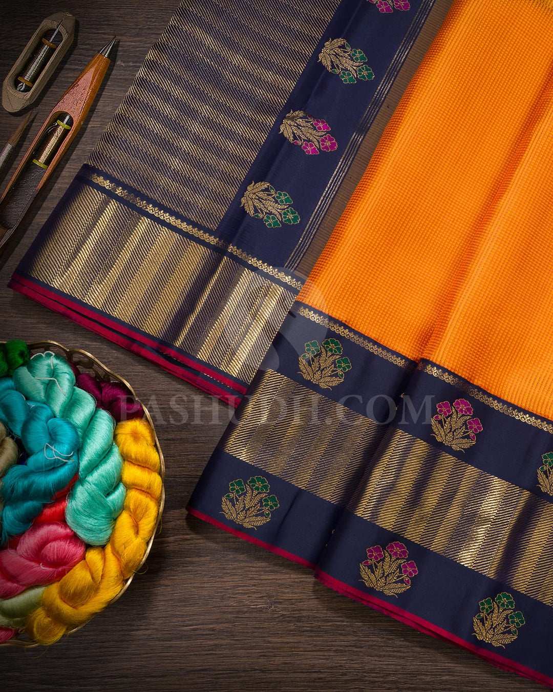 Yellow And Peach With Navy Blue Kanjivaram Silk Saree-S1728(B)