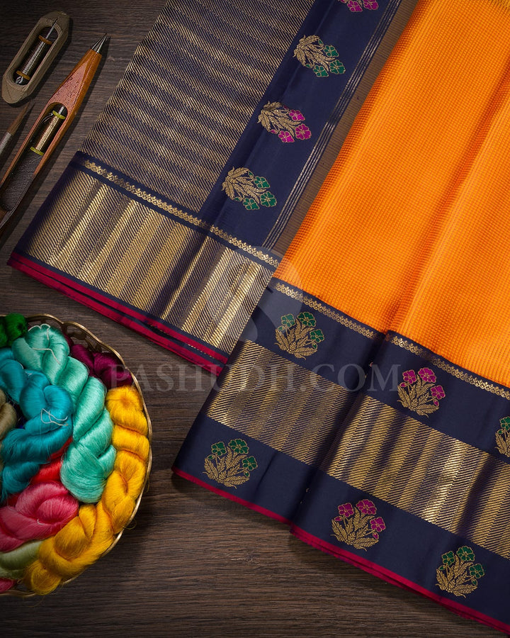 Yellow And Peach With Navy Blue Kanjivaram Silk Saree-S1728(B)