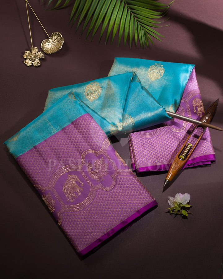 Sky Blue With Bright Lilac Kanjivaram Silk Saree-S1585(E)