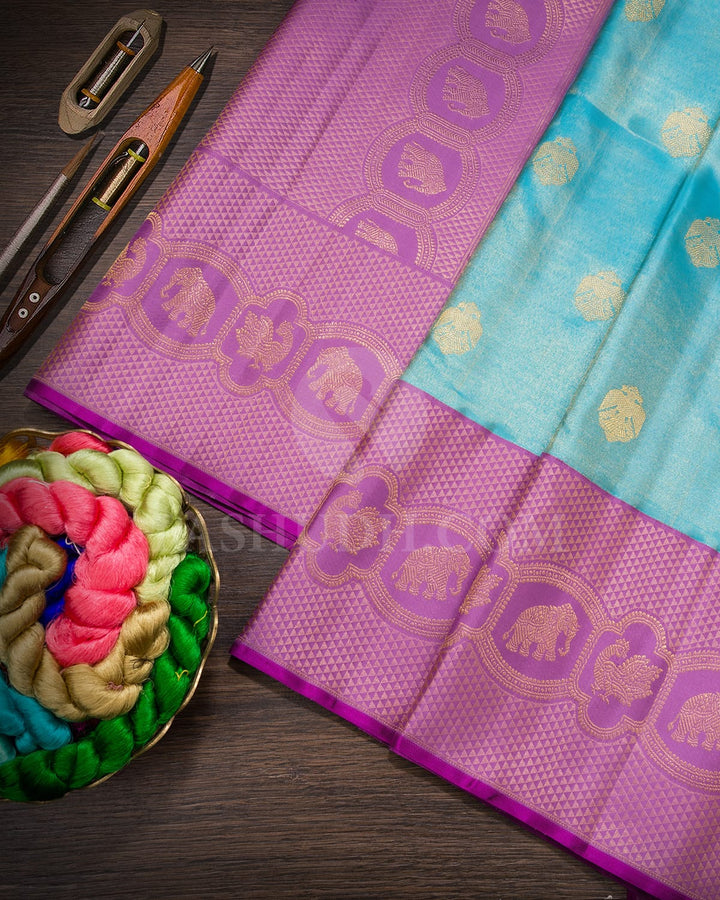 Sky Blue With Bright Lilac Kanjivaram Silk Saree-S1585(E)