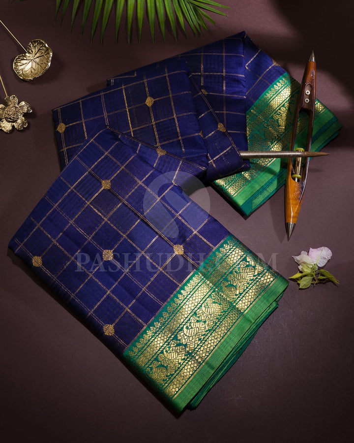 Dual Shaded Space Blue With Dual Shaded Peacock Green Organza Kanjivaram Silk Saree-S1667(B)