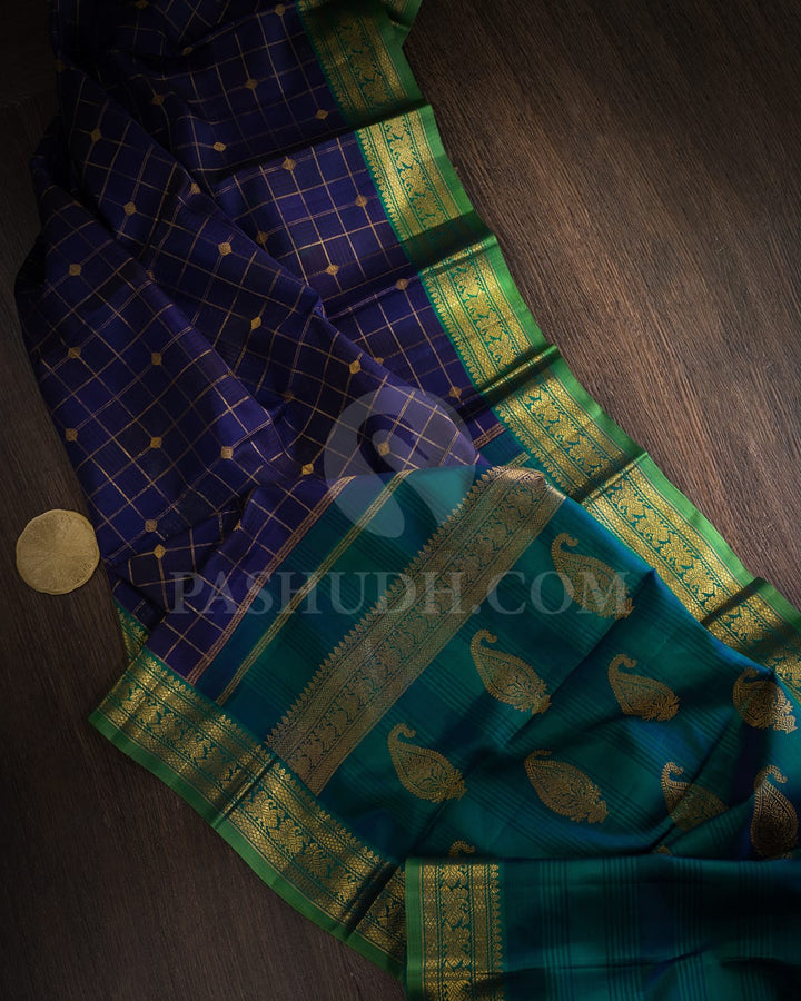 Dual Shaded Space Blue With Dual Shaded Peacock Green Organza Kanjivaram Silk Saree-S1667(B)