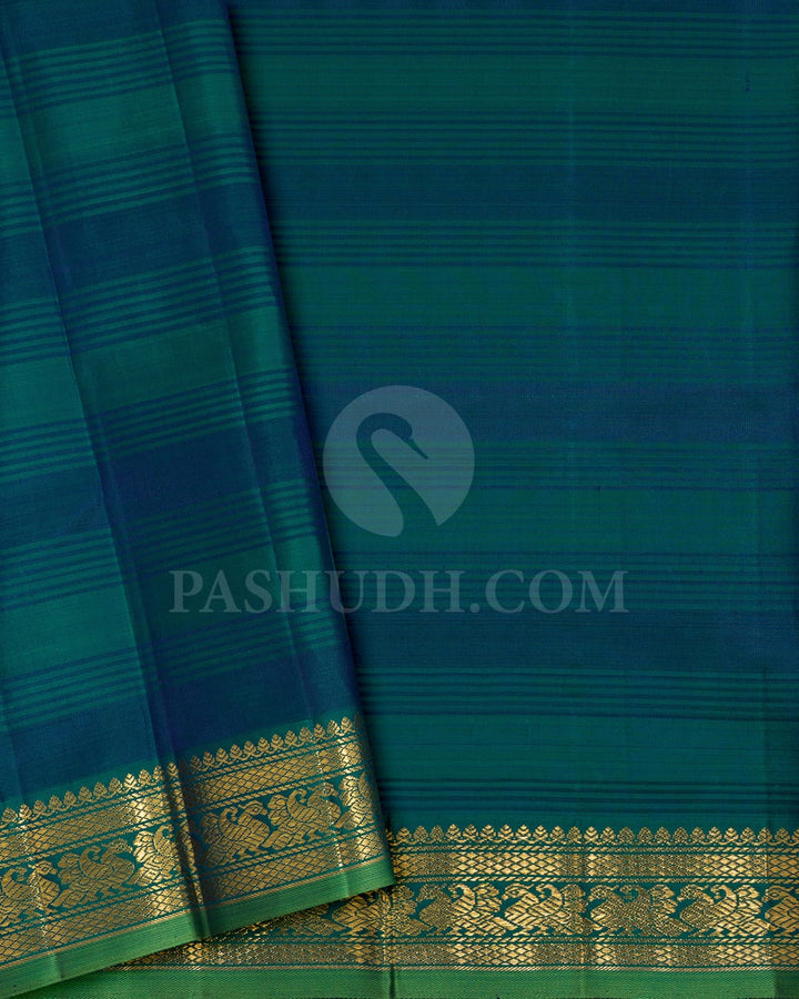 Dual Shaded Space Blue With Dual Shaded Peacock Green Organza Kanjivaram Silk Saree-S1667(B)