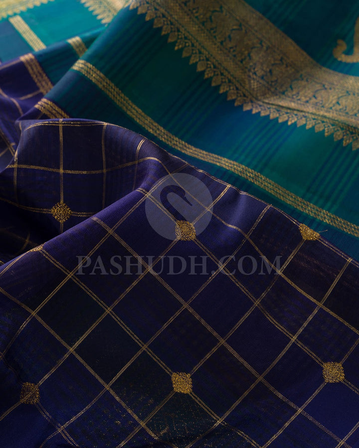 Dual Shaded Space Blue With Dual Shaded Peacock Green Organza Kanjivaram Silk Saree-S1667(B)