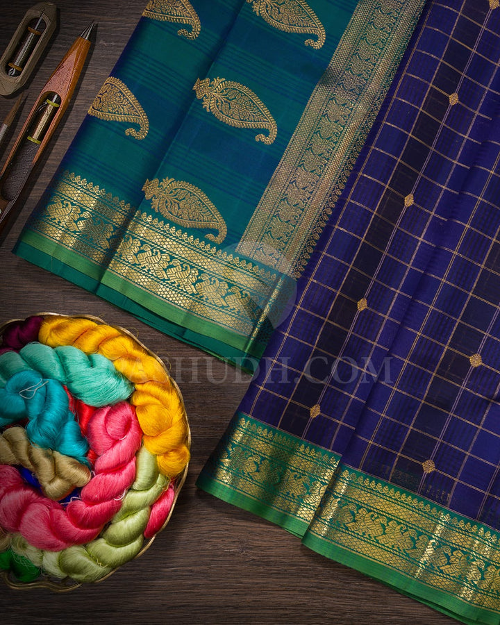 Dual Shaded Space Blue With Dual Shaded Peacock Green Organza Kanjivaram Silk Saree-S1667(B)