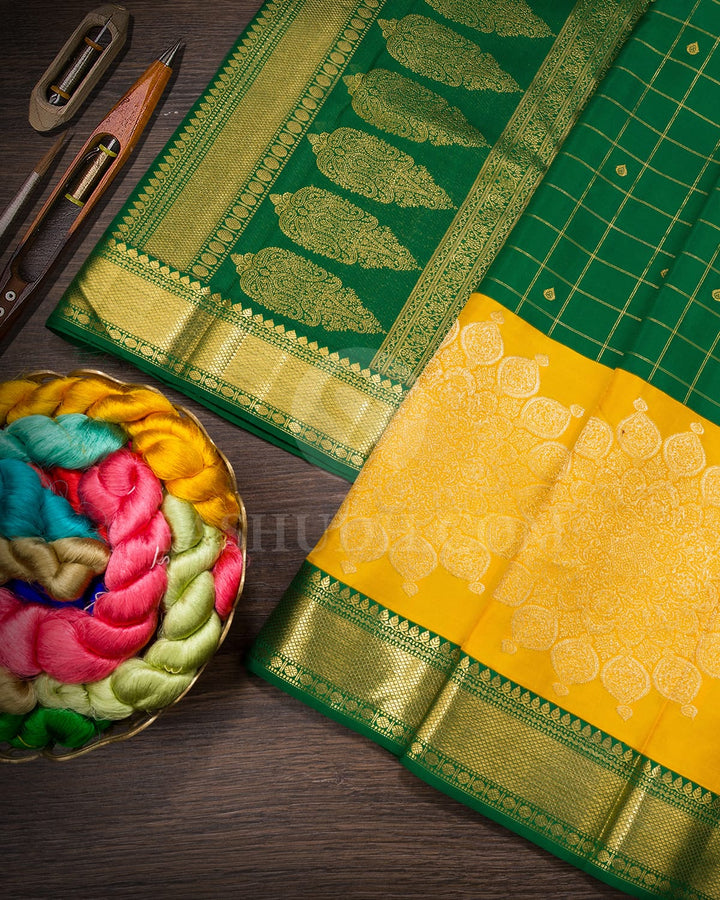 Japanese Laurel With Sunflower Yellow Kanjivaram Silk Saree-S1703(D)