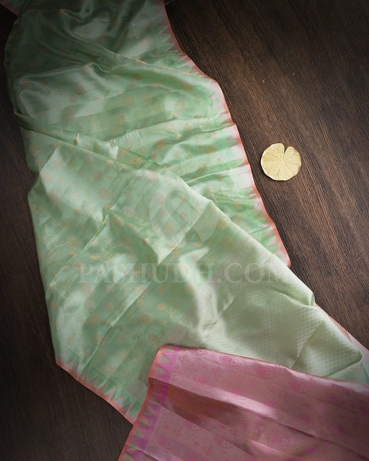 Pastel Pista Green With Lilac Kanjivaram Silk Saree-D685(B)