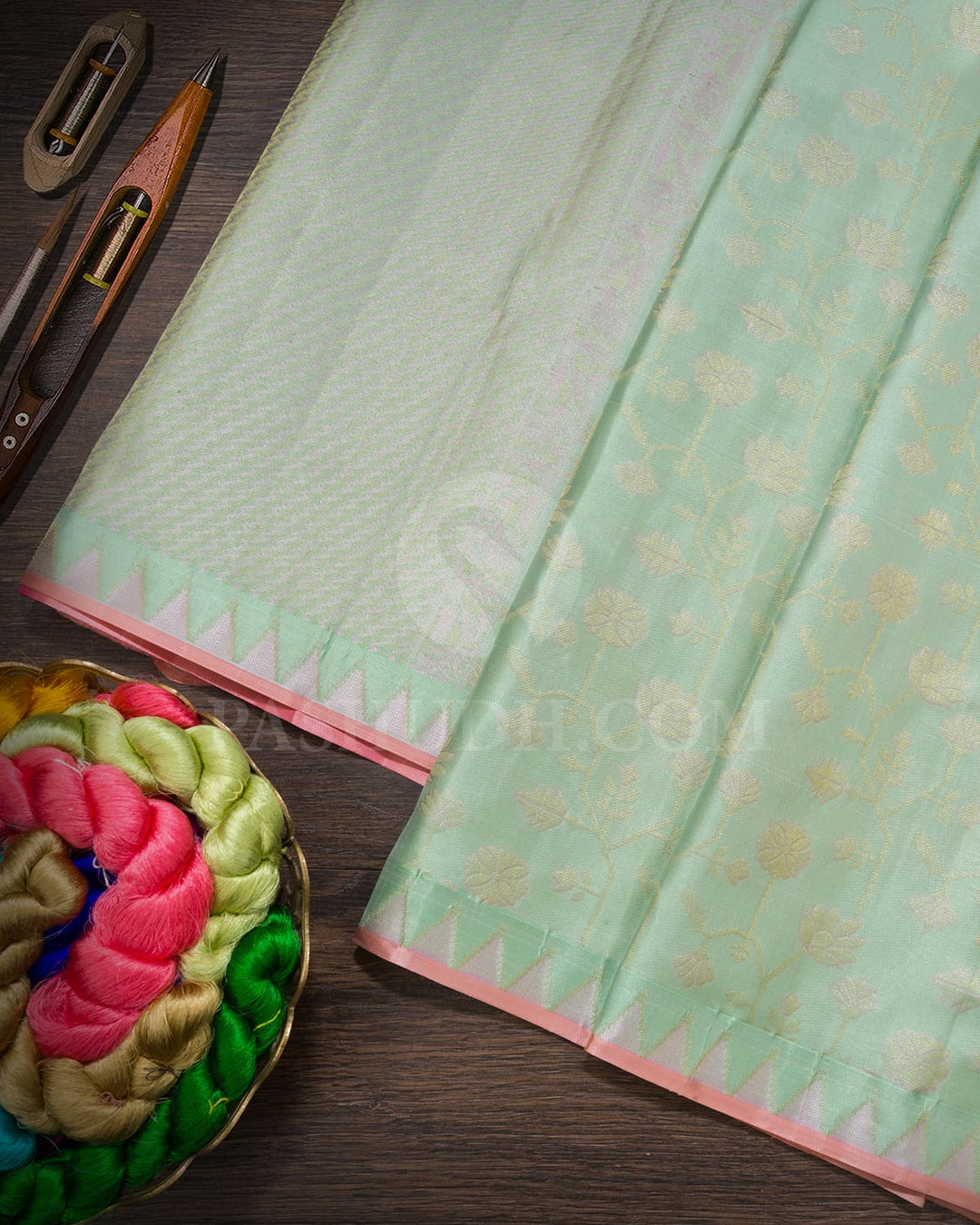 Pastel Pista Green With Lilac Kanjivaram Silk Saree-D685(B)