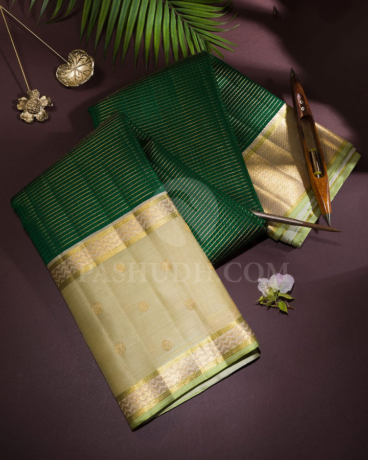Bottle Green With Beige Kora Organza Kanjivaram Silk Saree-S1704(B)