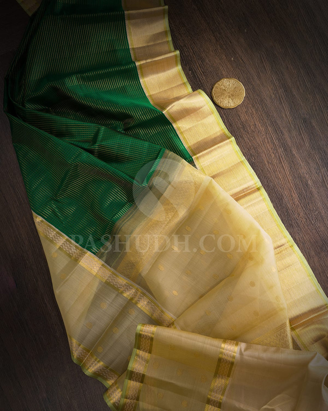 Bottle Green With Beige Kora Organza Kanjivaram Silk Saree-S1704(B)