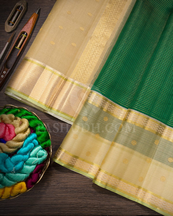 Bottle Green With Beige Kora Organza Kanjivaram Silk Saree-S1704(B)