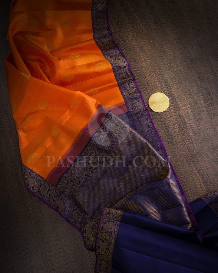 Pumpkin Orange With Midnight Blue Kanjivaram Silk Saree-S1773(A)