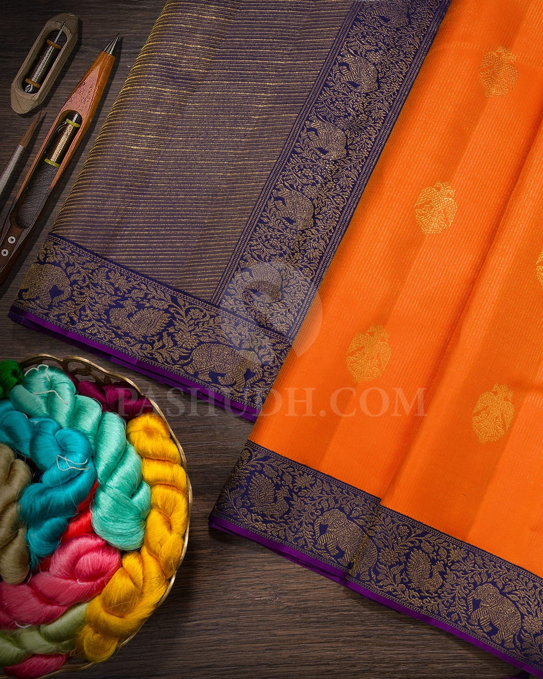 Pumpkin Orange With Midnight Blue Kanjivaram Silk Saree-S1773(A)