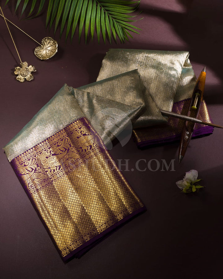 Powder Blue With Violet  Organza Shimmer Bridal Kanjivaram Silk Saree-S1765(A)