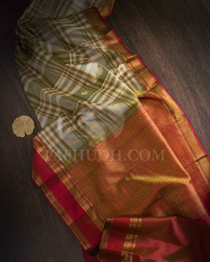 Cream,Olive Green And Khaki Kanjivaram Silk Saree-D695(A)