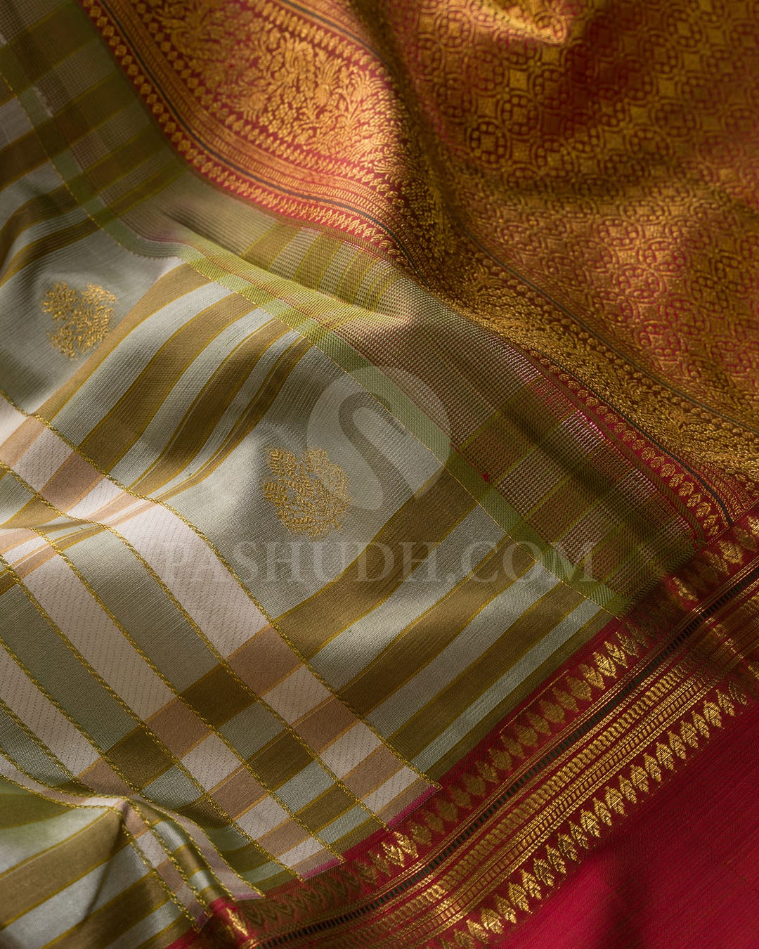 Cream,Olive Green And Khaki Kanjivaram Silk Saree-D695(A)