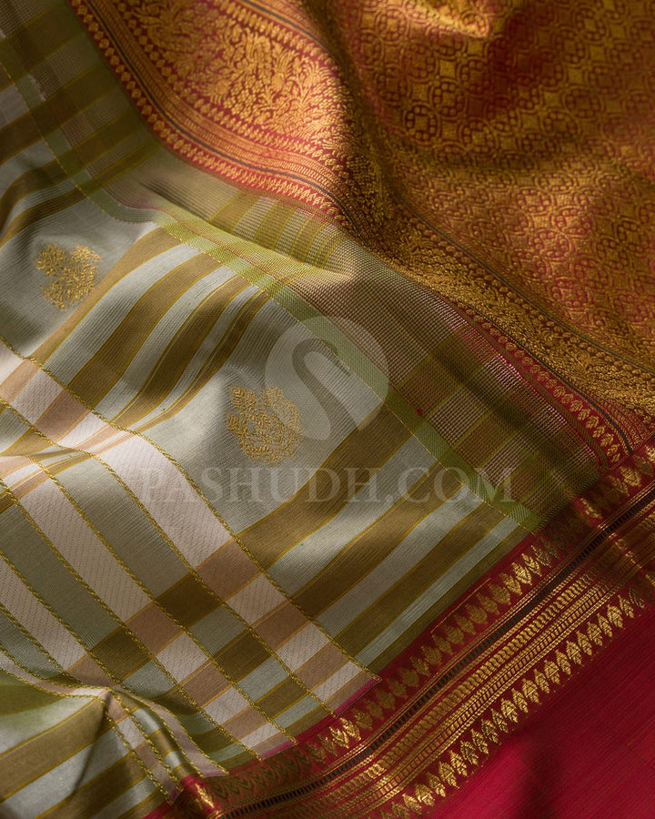 Cream,Olive Green And Khaki Kanjivaram Silk Saree-D695(A)