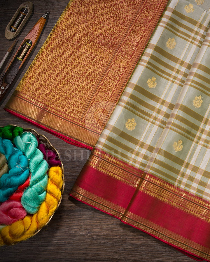 Cream,Olive Green And Khaki Kanjivaram Silk Saree-D695(A)