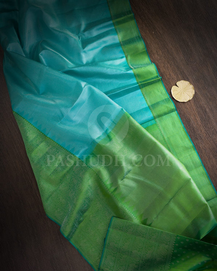 Sky Blue With Dual Shaded Parrot Green Kanjivaram Silk Saree-DJ434(F)