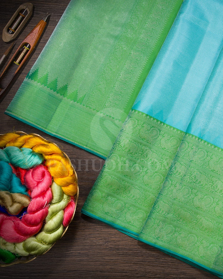 Sky Blue With Dual Shaded Parrot Green Kanjivaram Silk Saree-DJ434(F)