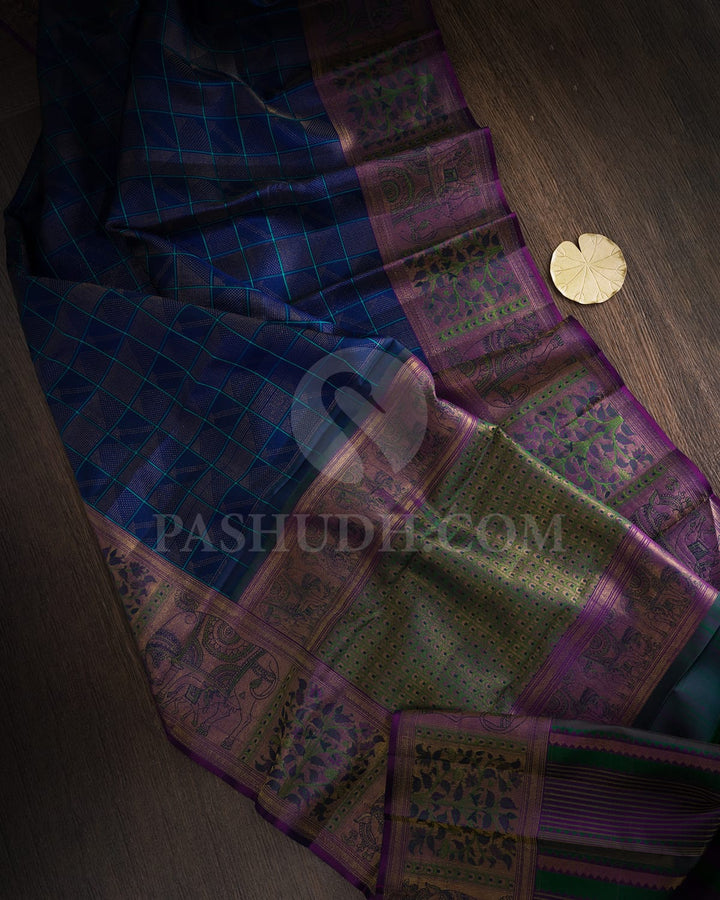 Deep Royal Blue With Dual Shaded Purple Kanjivaram Silk Saree-DJ441(B)