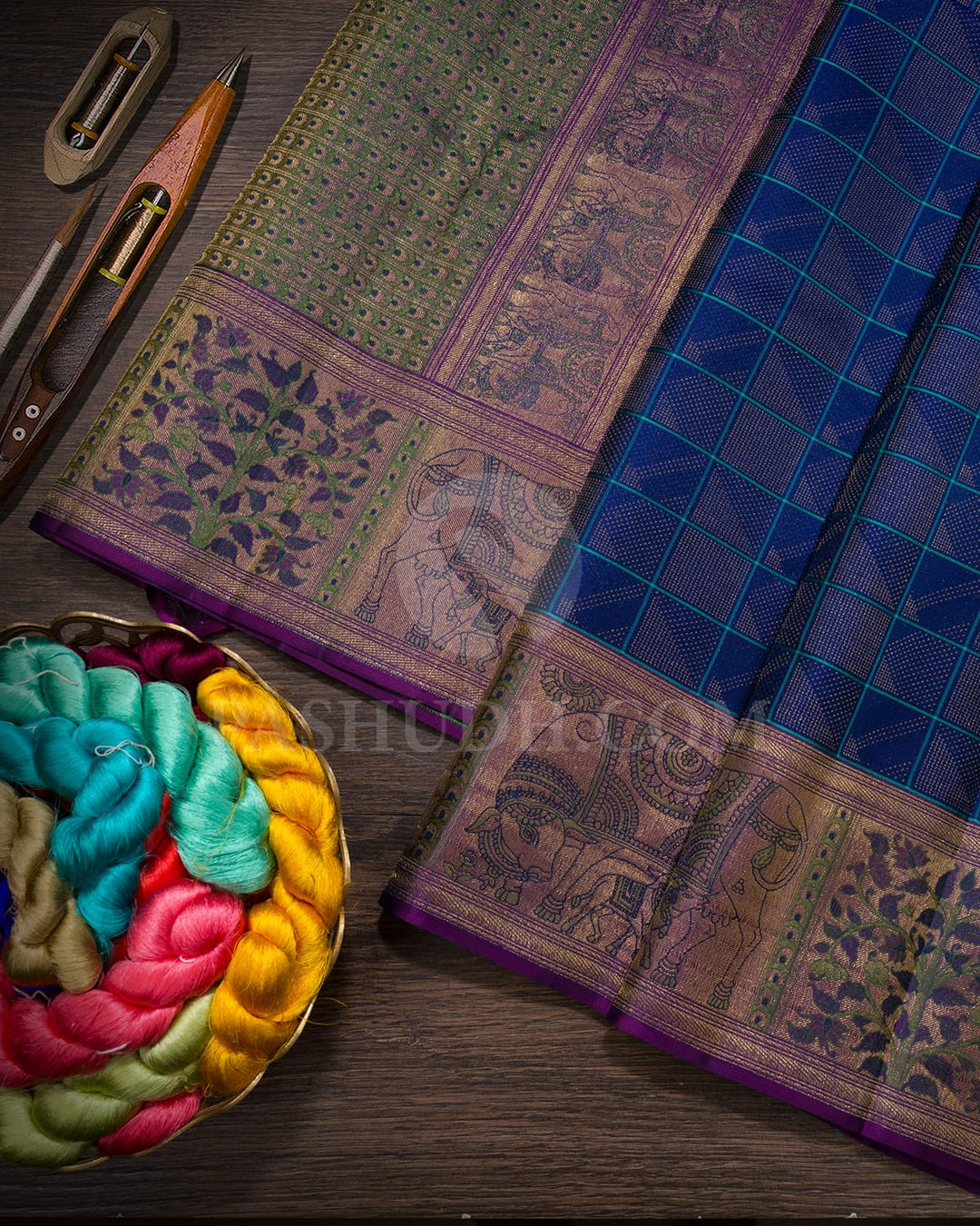 Deep Royal Blue With Dual Shaded Purple Kanjivaram Silk Saree-DJ441(B)