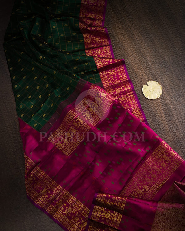 Bottle Green With Magenta Kanjivaram Silk Saree-DJ454(B)