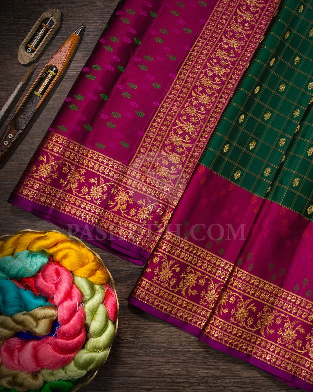 Bottle Green With Magenta Kanjivaram Silk Saree-DJ454(B)