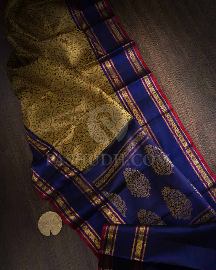 Golden Beige With Deep Blue Kanjivaram Silk Saree-DJ455(A)