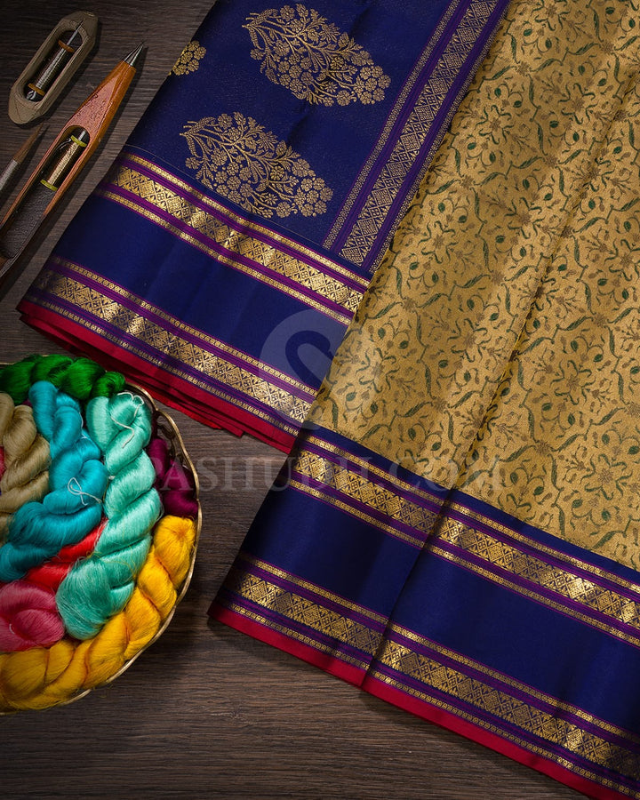 Golden Beige With Deep Blue Kanjivaram Silk Saree-DJ455(A)